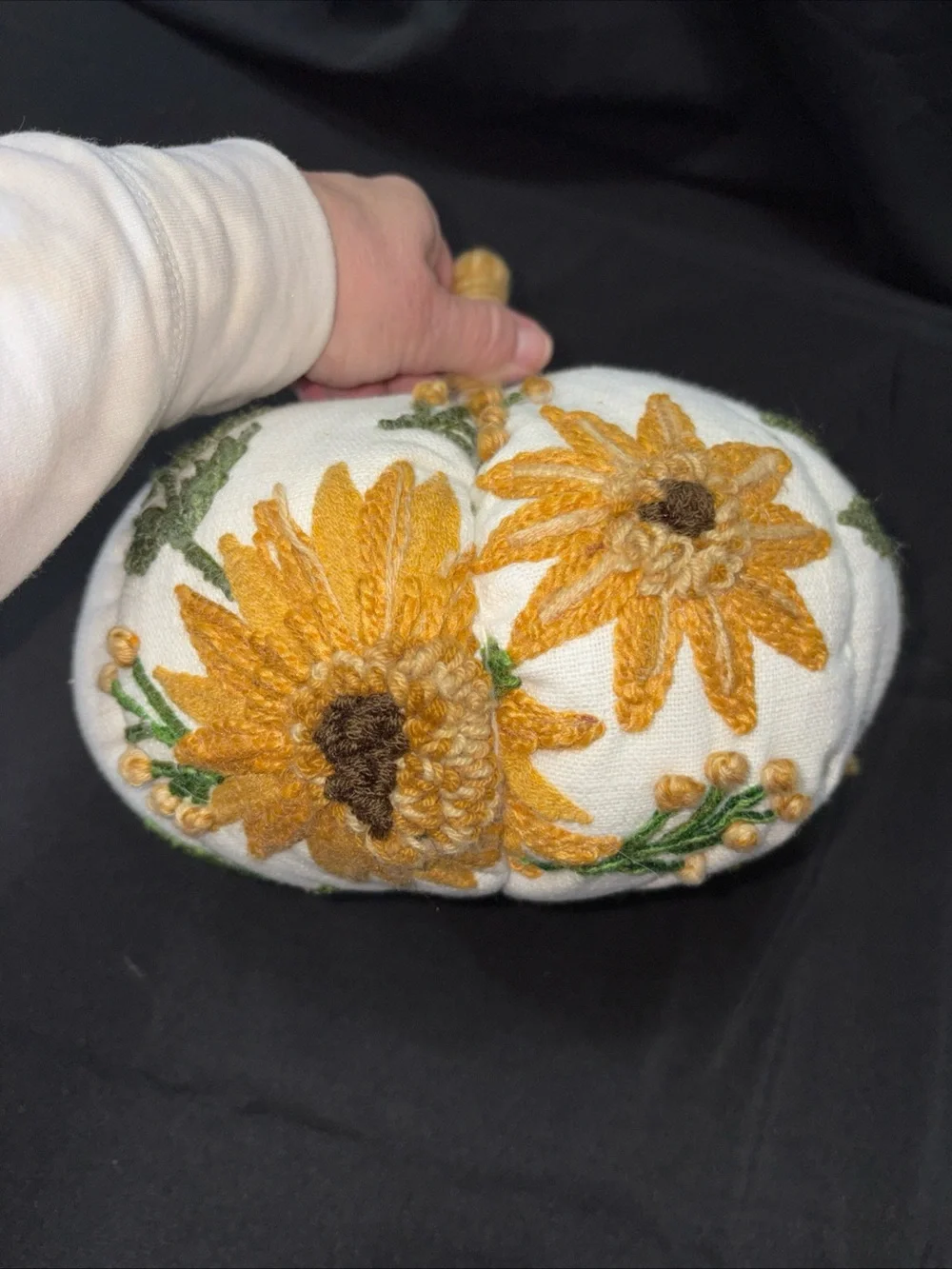 Source Unknown White Accent Pillow Pumpkin with Mustard Embroidered Flowers